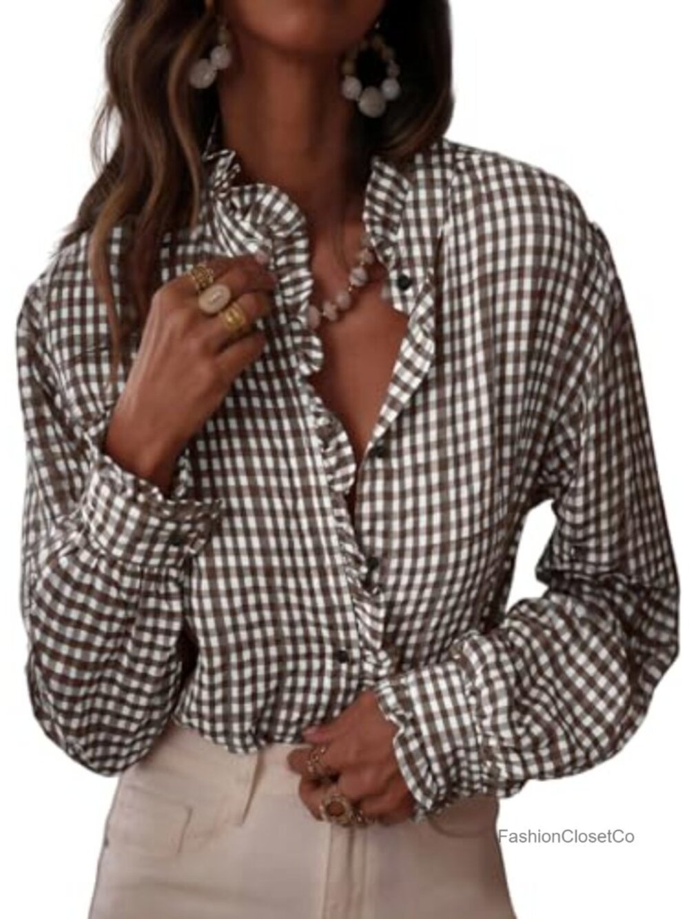 Women's Plaid Ruffle V-Neck Button Down Long Sleeve 100% Cotton Gingham Blouse